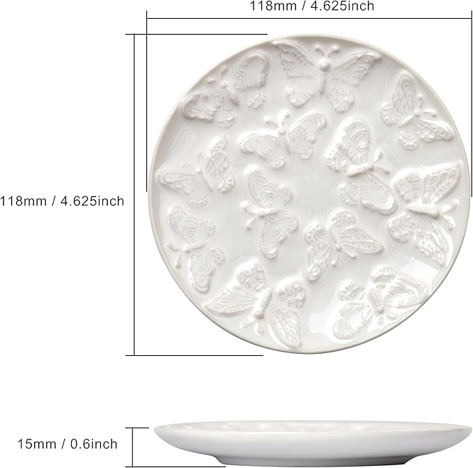 Ceramic Jewelry Dish, Decorative Tray for Rings Earrings Necklaces Bracelet Watch Keys, 4.50" Trinket Tray as Gifts for Women (White Butterflies)