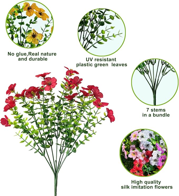 12 Bundles Artificial Flowers for Outdoor,No Fade UV Resistant Fake Flowers,Faux Plants for Outside Hanging Planters,Artificial Plants for Indoor Porch Garden Home Wedding Decor(6 Color)