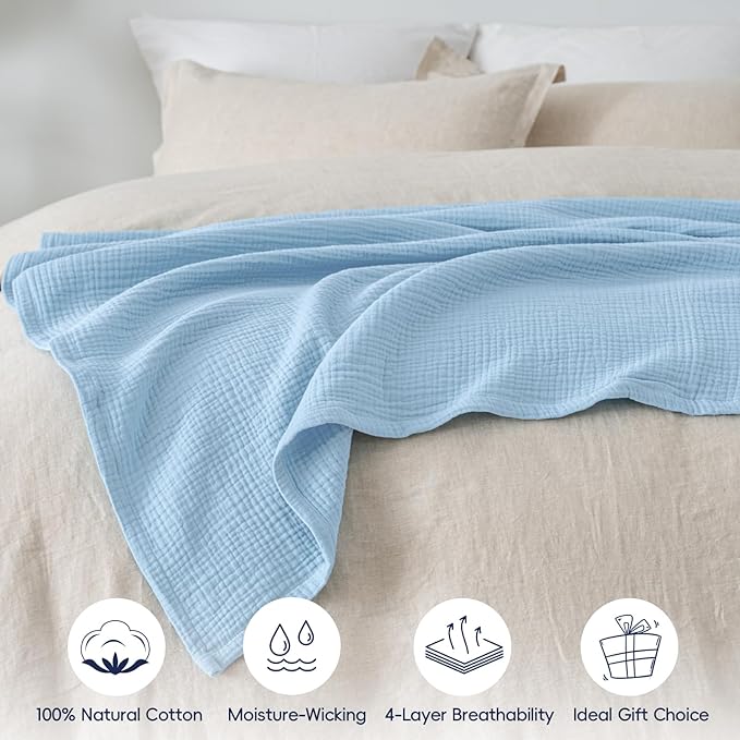 PHF 100% Cotton Muslin Throw Blanket 50" x 60", 4-Layer Lightweight Gauze Throw, Breathable Cloud-Soft Minimalist Blanket for Bed, Couch, Camping & Baby, Sky Blue, Ideal Gift