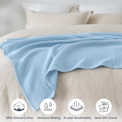 PHF 100% Cotton Muslin Throw Blanket 50" x 60", 4-Layer Lightweight Gauze Throw, Breathable Cloud-Soft Minimalist Blanket for Bed, Couch, Camping & Baby, Sky Blue, Ideal Gift