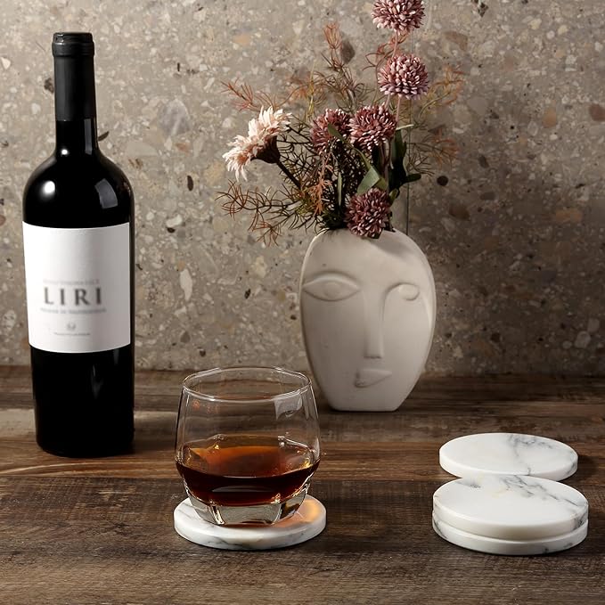 Koville Marble Coaster Set of 4, Round Coasters, 4" Stone Coaster for Drinks Coffee, Marble Coasters for Coffee Table Home Bar Decor, Heat Resistant, Gift Choice(Arabescato)