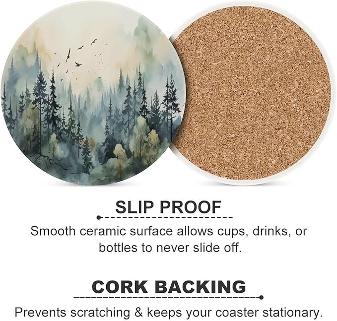 4PCS Forest Drink Coasters, Round Modern Ceramic Absorbent Coasters, Watercolor Style Nature Mountain Woodland Green Forest Flying Birds Decor Desk Coffee Table Coaster for Beverage Cup Tea Coasters
