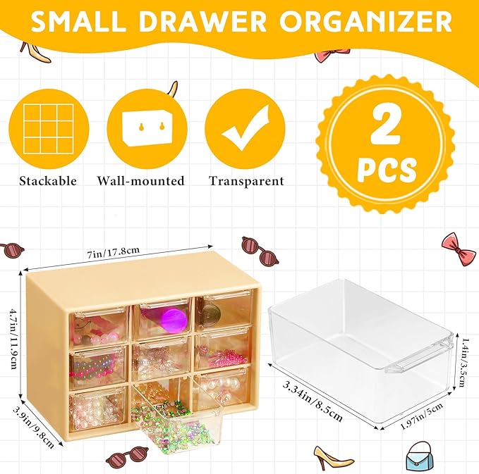 Wenqik 2 Pcs Mini Storage Drawers Teacher Toolbox Organizer with 9 Clear Drawers Small Plastic Desktop Teacher Desk Craft Organizer for Classroom Office 7" x 3. 9" x 4. 7"(Yellow)