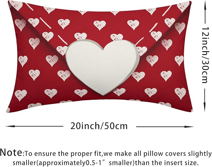 Valentines Day Pillow Covers 12x20 Set of 2 White Red Heart Throw Pillow Covers Love Pillowcase Linen Decoration Farmhouse Holiday Cozy Soft Cushion Case Couch for Indoor Outdoor Home Decor