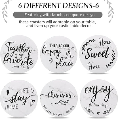 Queekay Coasters Set of 6 House Warming Gifts New Home Wooden Farmhouse Drink Coasters with Holder 4'' Funny Decoration for Kitchen Family Coffee Bar Tabletop Protection(White Marble)