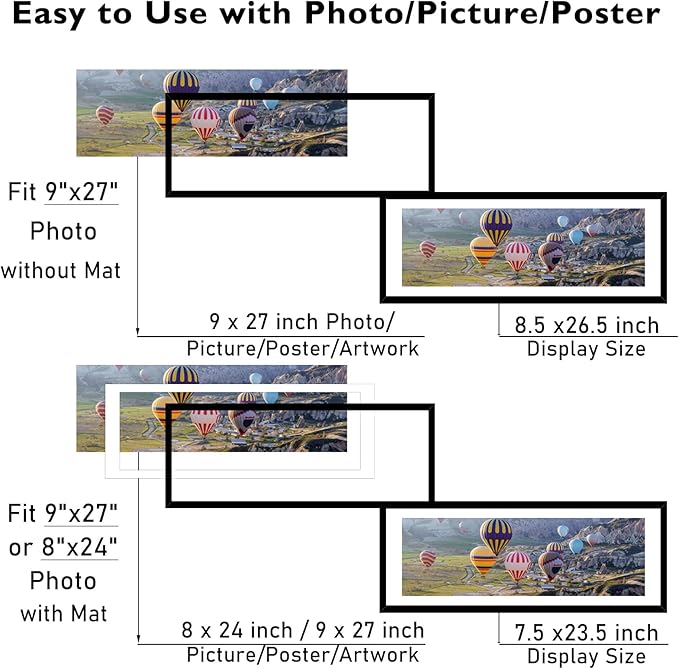 9x27 Picture Frame Set of 2 with 8x24 Mat, Display Photo 8x24 with Mat or 9 x 27 Without Mat, Wall Hanging Large 9 by 27 Poster Frame with Plexiglass, 2 Pack, Black