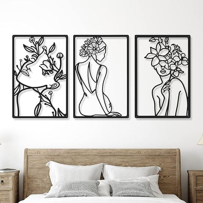 Cindeer 6 Pieces Black Metal Bedroom Wall Decor Minimalist Metal Wall Art Modern Abstract Woman Line Art Living Room Decor Aesthetic Female Bedroom Pictures Sculpture Line Drawing Hanging