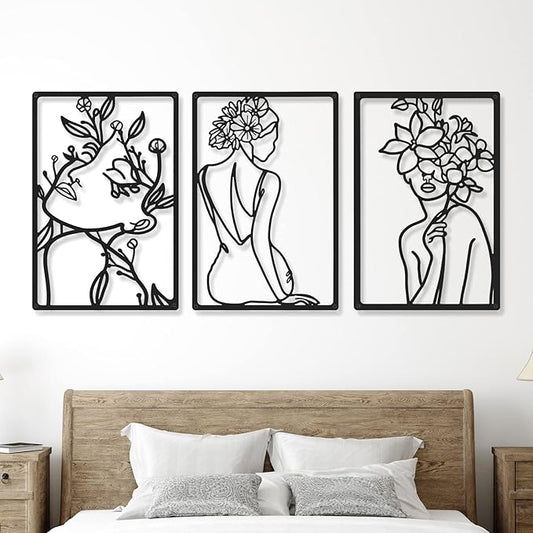 Cindeer 6 Pieces Black Metal Bedroom Wall Decor Minimalist Metal Wall Art Modern Abstract Woman Line Art Living Room Decor Aesthetic Female Bedroom Pictures Sculpture Line Drawing Hanging