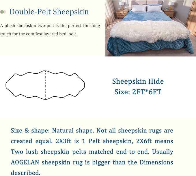 Premium Genuine Sheepskin Rug, Fuzzy Fluffy Shaggy Fur Wool Area Carpet for Soft Fur Pray Pup Mat,Bedroom,Living Room,Chair Sofa Seat Cover,Ivory White, 2' x 6'