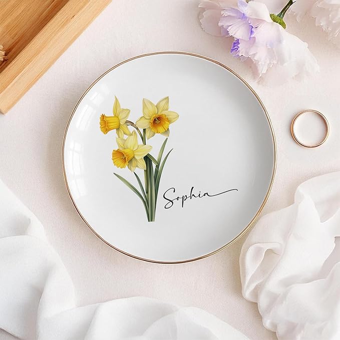 Personalized Birth Flower Ring Dish, Custom Floral Name Jewelry Dish, Trinket Tray for Women Bridesmaid Friends Sisters Fiance Bestie Gift For Birthday, Wedding, Engagement