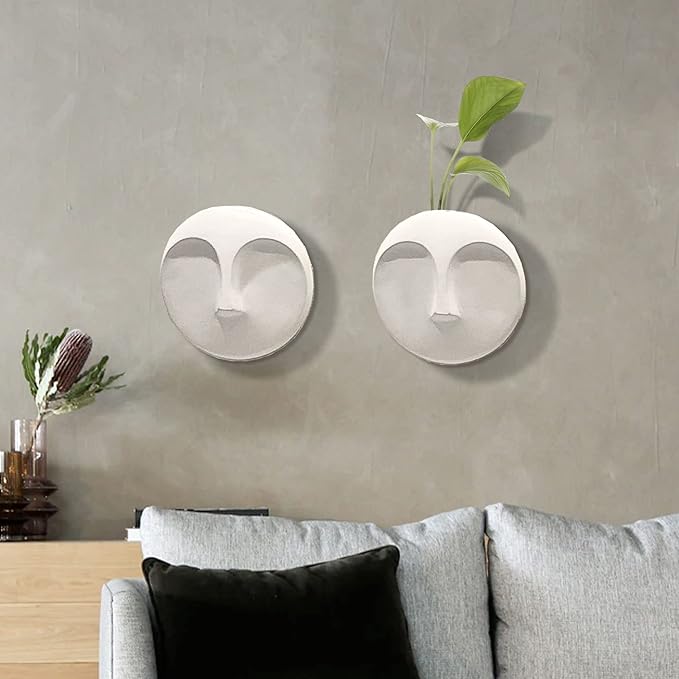 Howard Elliott Ceramic Round Decorative Face Hanging Wall Decor Sculpture, White Matte Glazed Finish Wall Vase Decor for Living Room, Bedroom, Hallway & Entryway, 10 x 10 Inch