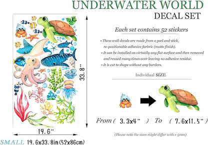 Watercolor Ocean Animals Wall Decal - Cartoon Underwater Fun with Turtle, Whale, and Octopus, Removable Reusable Peel-and-Stick Fabric Stickers for Kids' Room Décor(Small)