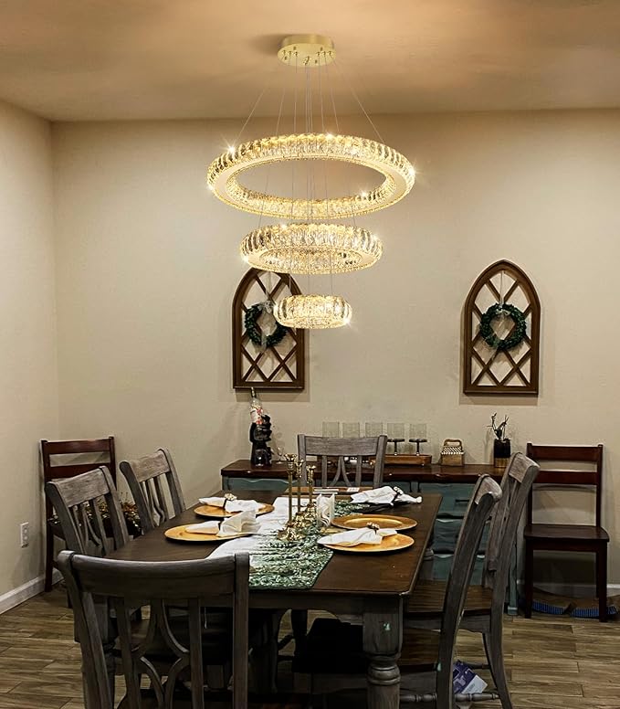 3 Rings LED Chandelier Modern Dimmable Dining Room Chanderliers Entryway Crystal Pendant Lights for Kitchen Bedroom Living Room Gold Light