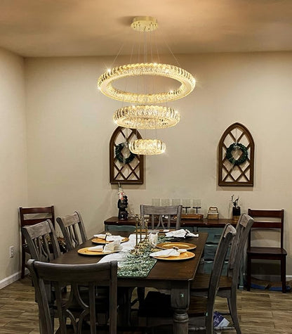 3 Rings LED Chandelier Modern Dimmable Dining Room Chanderliers Entryway Crystal Pendant Lights for Kitchen Bedroom Living Room Gold Light
