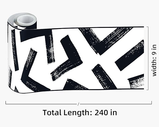 FLFK Black and White Design Wallpaper Border - Peel and Stick Wall Paper, Self Adhesive Removable PVC Borders Sticker, Modern Waterproof Trim for Home Decor, 9" x 240"