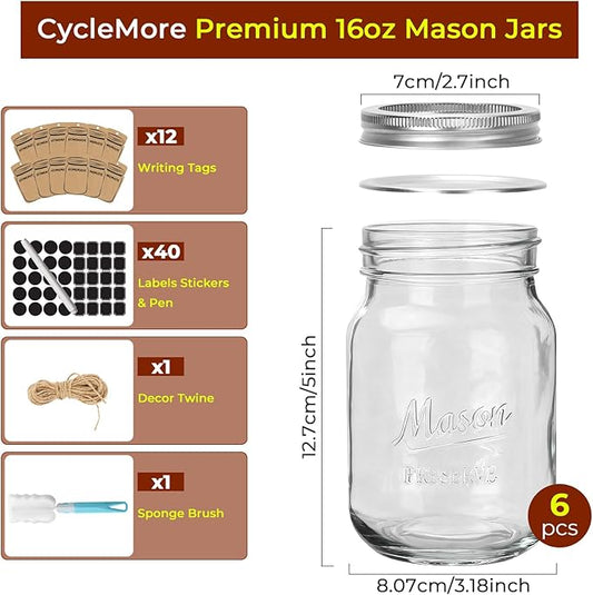 CycleMore 16oz 6 Pack Mason Glass Jars with Airtight Lids and Bands, Embossed Design Canning Jars, Pint Glass Jars for Pickling, Meal Prep, Freezing, Fermenting, Preserving, Jar Décor