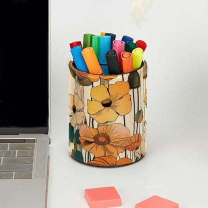 Pen Cup Holder for Desk, Large Pencil Holder, Aesthetic Mushroom Vintage Beige Colorful Flowers Desk Stationery Storage Organizer Makeup Brush Holder for Home Office School