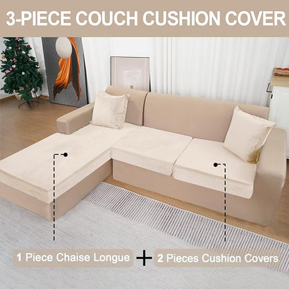 Sectional Couch Covers for 3-Piece Seat Cushion Velvet Separate L Shape Couch Cover Stretch Sofa Slipcover with 2 Pieces Pillowcases Furniture Protector (Sofa 2 Seater + 1 Chaise, Beige)