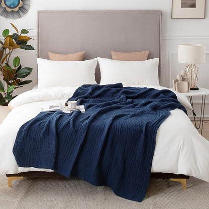 EMME Muslin Blanket 100% Cotton Throw Blankets for Couch Breathable Gauze Blanket All Season Soft and Lightweight Pre-Washed Cotton Blanket (Navy, 50"x70")