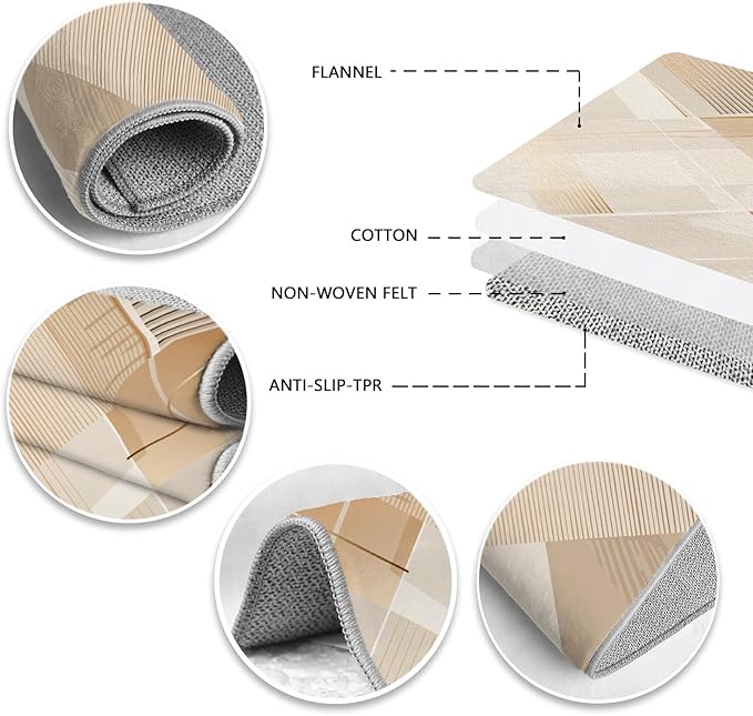 Minimalist Abstract Area Rug 6x9 Brown Boho, Modern Washable Stripe Art Rugs, Soft Non-Slip Low-Pile Carpet for Living Room, Bedroom, Kitchen, Dining Room, Pet Friendly, Non-Shedding, Beige