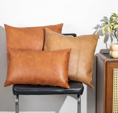 Faux Leather Throw Pillow Covers 20X20 Inch Set of 2 Brown Outdoor Modern Farmhouse Solid Decorative Pillow Covers for Room Couch Living Bedroom Bed Sofa(No Filling Material