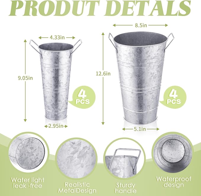 Chumia 8 Pcs Galvanized Flower Buckets Bulk 12.6 Inch and 9 Inch DIY Bouquet Bar Supplies Table Decor Vase Wedding Tall Metal French Cut Planter Rustic Vintage Centerpiece Farmhouse Florist