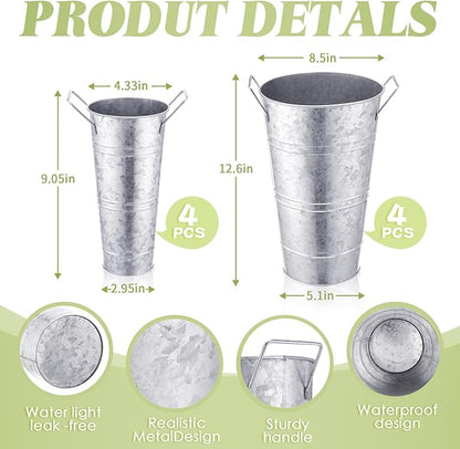 Chumia 8 Pcs Galvanized Flower Buckets Bulk 12.6 Inch and 9 Inch DIY Bouquet Bar Supplies Table Decor Vase Wedding Tall Metal French Cut Planter Rustic Vintage Centerpiece Farmhouse Florist