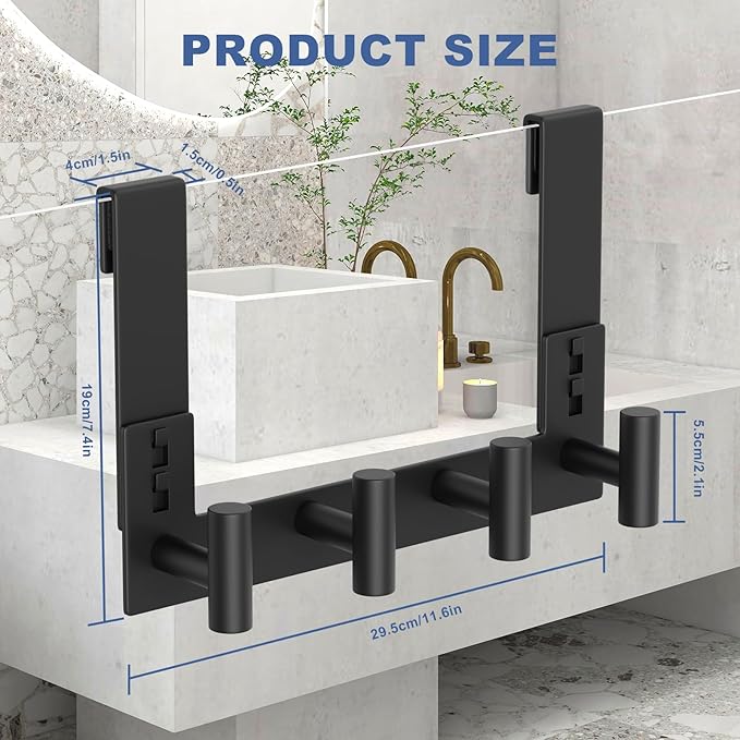 PMMASTO No-Drill Extra Long Shower Hooks, Fits 3/8" Thick Door, Heavy Duty Stainless Steel Towel Hooks for Frameless Glass Shower Door, Holds Bathrobe Towel (Black, 4 T-Hooks)