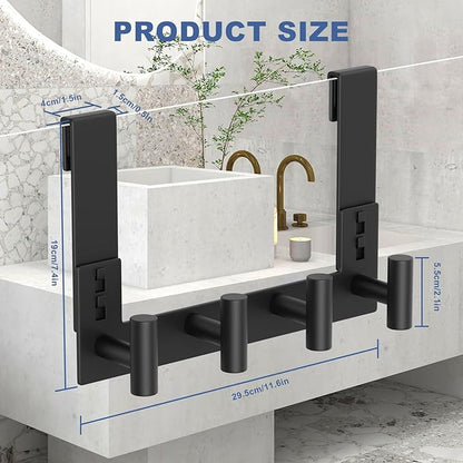 PMMASTO No-Drill Extra Long Shower Hooks, Fits 3/8" Thick Door, Heavy Duty Stainless Steel Towel Hooks for Frameless Glass Shower Door, Holds Bathrobe Towel (Black, 4 T-Hooks)