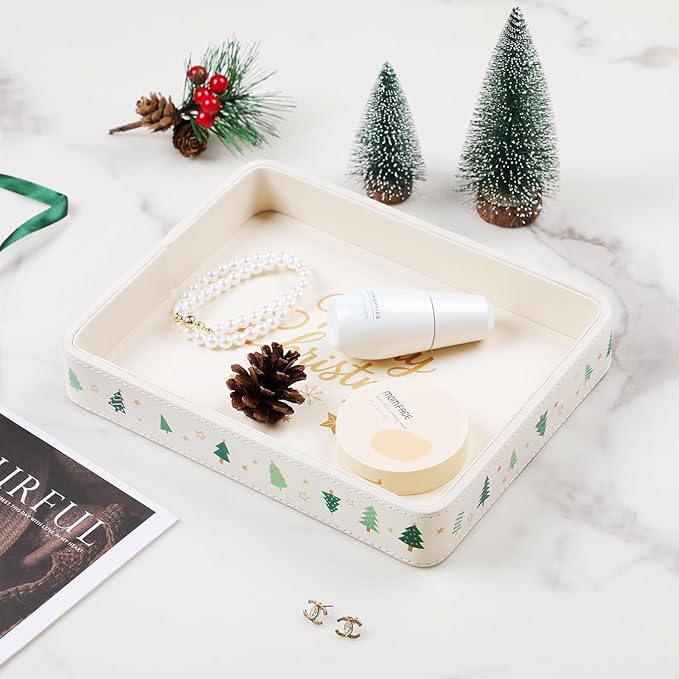 Desk Organizer Tray, PU Leather Valet Tray Nightstand Organizer Cologne Perfume Trays for Men Women, Decorative Vanity Trays Key Bowl Trinket Dish (Christmas Tree Pattern, 10" x 8" x 1.6")