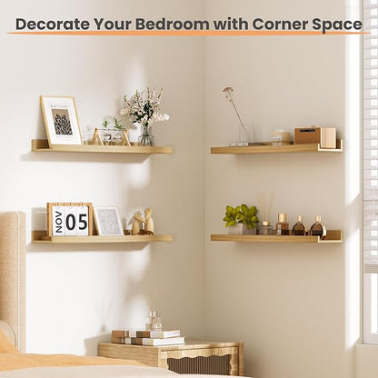 upsimples Floating Shelves for Wall, 23.6 Inch Shelves for Decor Storage Set of 6, Wall Mounted Wood Shelf for Bedroom, Living Room, Bathroom, Kitchen, Long Picture Ledge Shelves, Natural