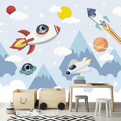 AFZEVEB-Space Mural Hand-Painted Cartoon Wallpaper for Kids Room 159"x107"(Not Peel and Stick)