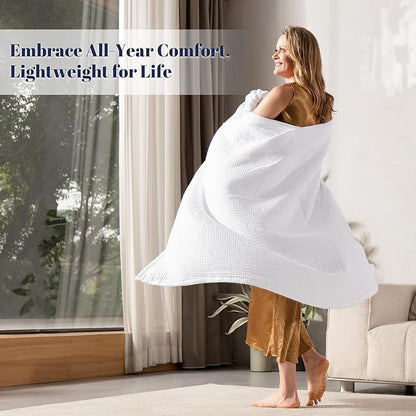 PHF 100% Cotton Muslin Throw XL Blanket Large 50" x 70", 4-Layer Lightweight Gauze Throw, Breathable Cloud-Soft Minimalist Blanket for Bed, Couch, Camping & Baby, White, Ideal Gift