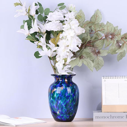 Hand Blown Glass vase, Blue Wide Mouth Large vase for Home Decorative Bouquet, Suitable for Office Living Room TV Stand Kitchen Dining Table Centerpiece Bookshelf entryway Desktop Decoration.