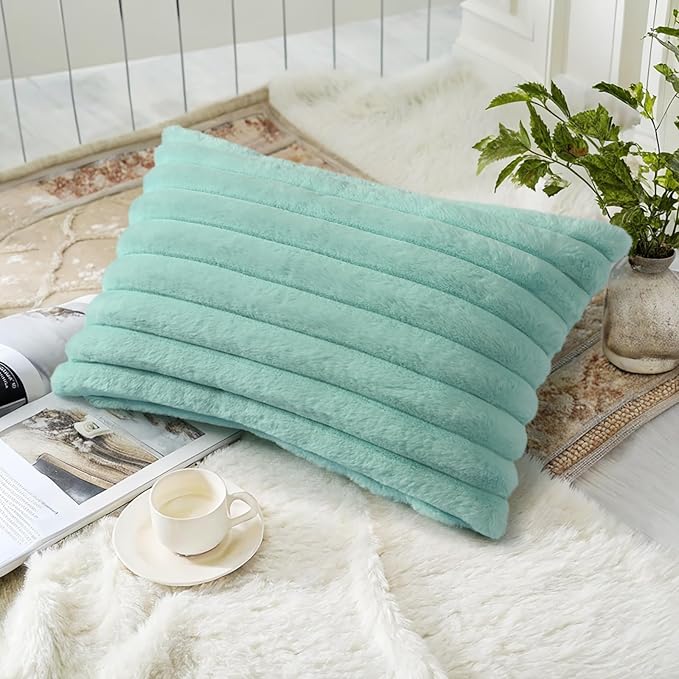 decorUhome Faux Fur Spring Throw Pillow Covers 12x20 Set of 2, Decorative Soft Plush Striped Lumbar Neutral Couch Pillow Covers with Velvet Back for Sofa, Bed, Living Room Home, Aqua
