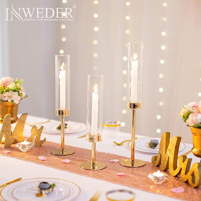 Hurricane Taper Candle Holders: Gold Glass Candlestick Holder Tall Candle Sticks Holder Decor with Glass Cover for Wedding Table Centerpiece Party Birthday Christmas Home Mantel Set of 6