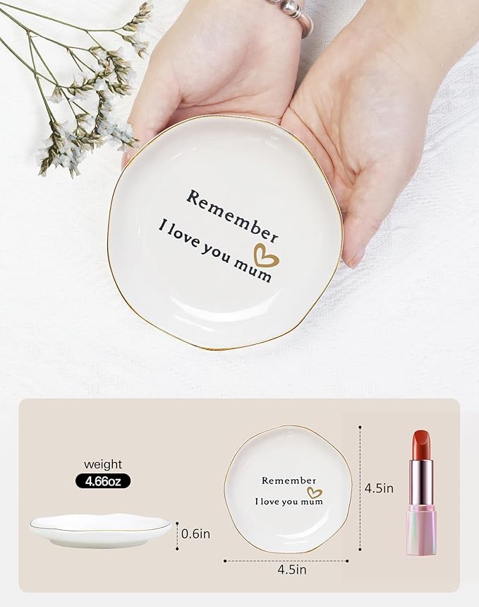 Fmeida Christmas Gifts for Mom from Daughter, Ceramic Ring Dish for Mom, Decorative Jewelry Tray - Remember I Love You Mum Small Trinket Tray, Birthday Mother's Day Thanksgiving Christmas Gifts