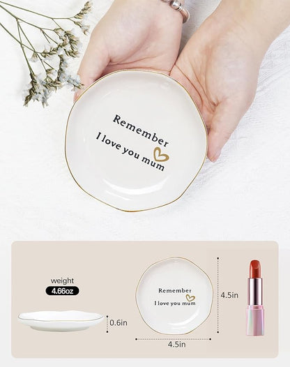 Fmeida Christmas Gifts for Mom from Daughter, Ceramic Ring Dish for Mom, Decorative Jewelry Tray - Remember I Love You Mum Small Trinket Tray, Birthday Mother's Day Thanksgiving Christmas Gifts