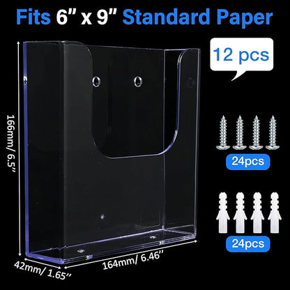 Ripeng 12 Pack Brochure Holder Wall Mount 6x9 Inch Clear Acrylic Flyer Holder Magazine Pamphlet File Display Stand Plastic Wall Organizer for Literature Mail Paper document Rack Display