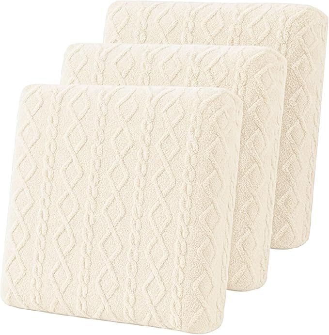 3 Pcs Jacquard Couch Cushion Covers for Sofa Stretch Plush Soft Seat Cover Washable Sofa Slip Covers with Elastic Bottom Modern Boho Furniture Protector for Sectional Slipcovers(Cream)