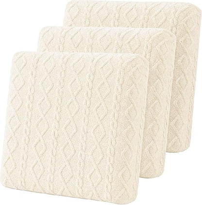 3 Pcs Jacquard Couch Cushion Covers for Sofa Stretch Plush Soft Seat Cover Washable Sofa Slip Covers with Elastic Bottom Modern Boho Furniture Protector for Sectional Slipcovers(Cream)