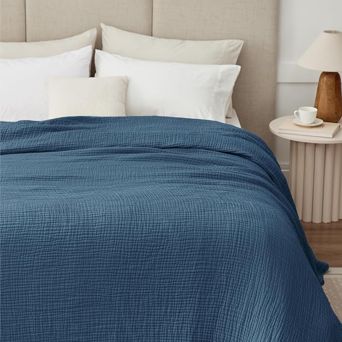100% Cotton Muslin Blanket 50" x 60", Breathable and Lightweight Cotton Throw Blankets for Couch, Soft Cooling Summer Gauze Blanket for Adults All Season, Grayish Blue