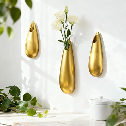 Sculptural Wall Ceramic Vase — 3 Pack Gold Hanging Sconce Vase | Turn Flowers into Art — Decorative Ceramic Wall Sconce for Single Stem Displays
