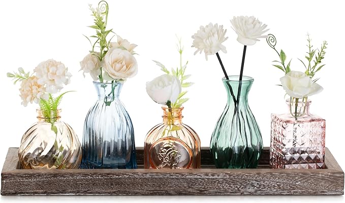 Glasseam Glass Bud Vases for Flower: 5 Colorful Small Vases Set with Rustic Wooden Tray for Home Office Living Room Bathroom - Vintage Table Centerpieces for Birthdays Wedding Housewarming Gifts