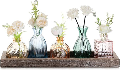 Glasseam Glass Bud Vases for Flower: 5 Colorful Small Vases Set with Rustic Wooden Tray for Home Office Living Room Bathroom - Vintage Table Centerpieces for Birthdays Wedding Housewarming Gifts