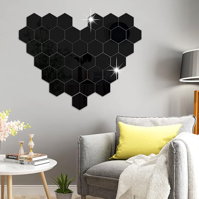 RW-103 36 PCS Acrylic Mirror Wall Stickers Hexagon Mirror Wall Decals DIY Removable 3D Geometric Hexagon Mirror Art Setting Wall Decor for Bedroom Living Room Office Kitchen Home Decoration (Black)