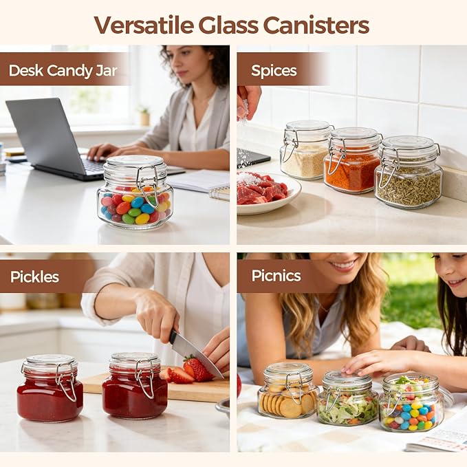 ComSaf 6 Pack 17 oz Glass Jars with Lid, Food Grade Glass Food Storage Containers with Labels Square Glass Food Storage Jars with Airtight lids, Air tight Jars for Pantry Storage & Pickling