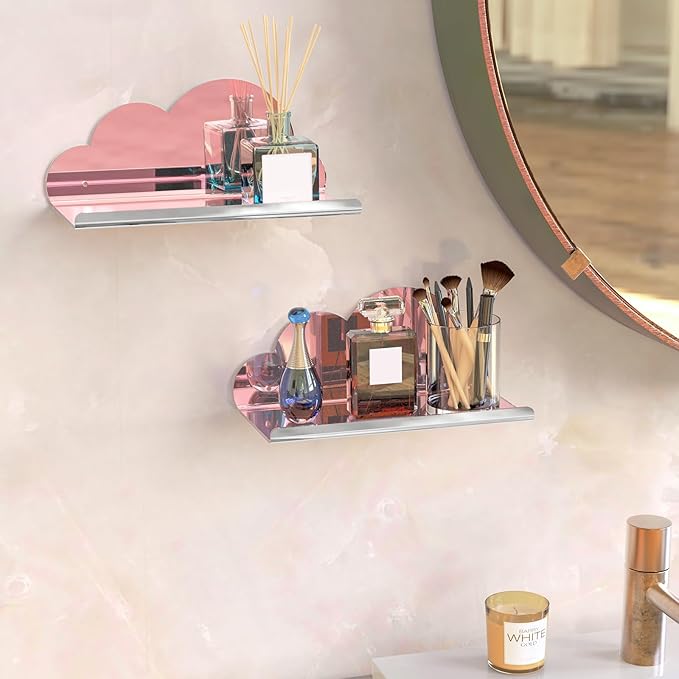 NiHome 2-Pack Rose Gold Mirror Finish Cloud-Shaped Acrylic Floating Shelves - Stylish Wall Decor for Bedrooms, Bathroom Vanity & More - Versatile Mirrored Shelves for Decorative Display and Storage