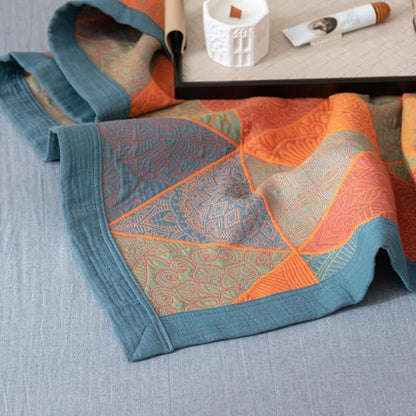 100% Cotton Muslin Blanket Jacquard Bohomian Mandala Triangle Quilt, Soft Bed Cover 3 Layers Reversible Bedspread Coverlet Breathable Lightweight Bedding Twin(59"x94"), No Pillow Sham