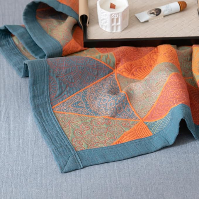 100% Cotton Muslin Blanket Jacquard Bohomian Mandala Triangle Quilt, Soft Bed Cover 3 Layers Reversible Bedspread Coverlet Breathable Lightweight Bedding King(98"x94"), No Pillow Sham